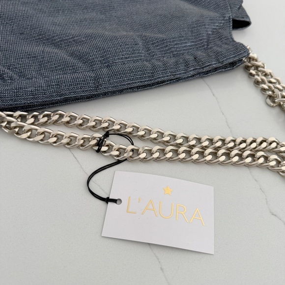 L'AURA Denim Striped Sparkle Miami Shoulder Bag Chain Strap NWT Large Bag - Picture 5 of 8